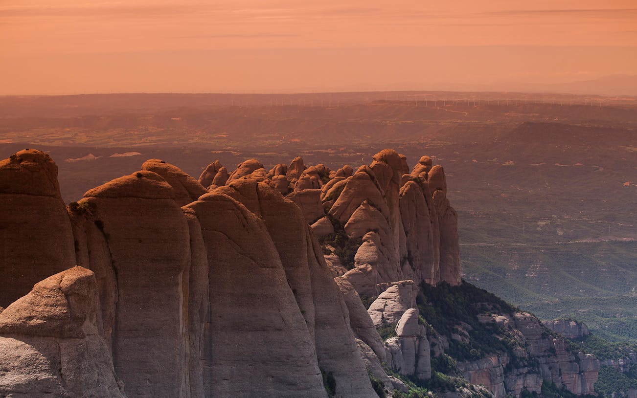 Montserrat mountain range at sunset near Barcelona, Spain.