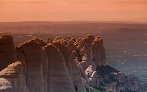 Montserrat mountain range at sunset near Barcelona, Spain.