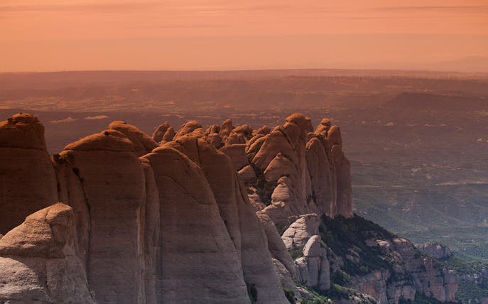 Montserrat mountain range at sunset near Barcelona, Spain.