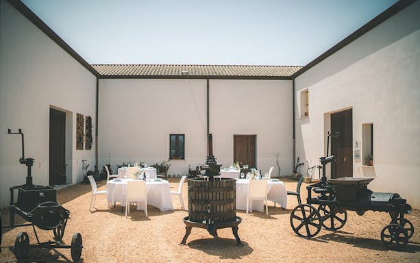 Courtyard brunch setup with wine barrels in the lands of Frederik II of Swabia.
