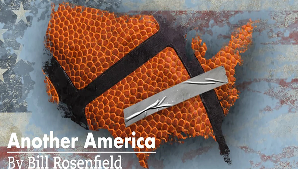 Map of the United States with a basketball texture and a bandage, titled "Another America.