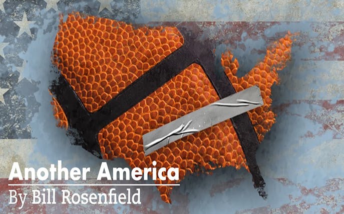Map of the United States with a basketball texture and a bandage, titled "Another America.
