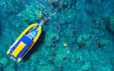 Snorkelers near a yellow raft in clear Whitsundays waters, Australia.