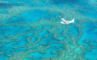 Aerial view of a plane flying over the Great Barrier Reef during Whitsundays scenic flight.