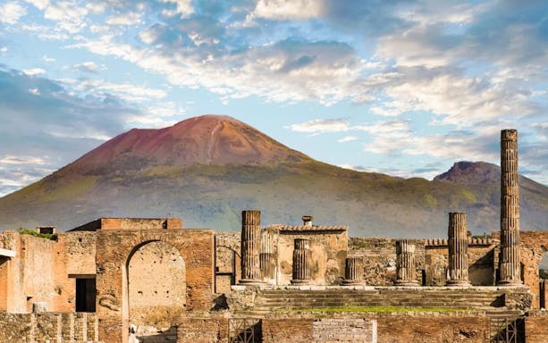 Ruins of Pompeii with Mount Vesuvius in the background, Italy.