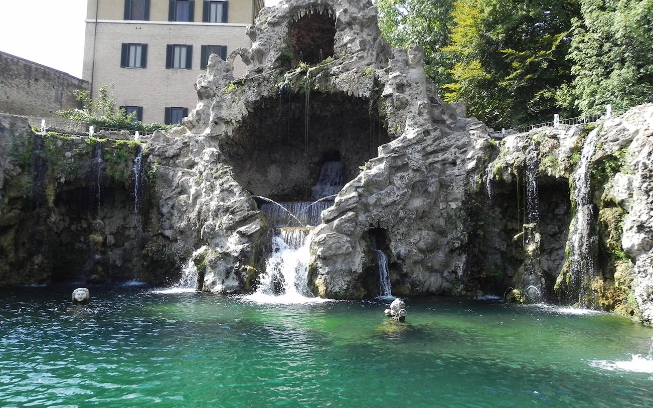Waterfall and rock formations in Vatican Gardens, Rome.
