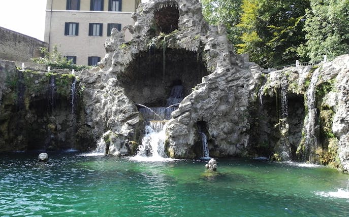 Waterfall and rock formations in Vatican Gardens, Rome.