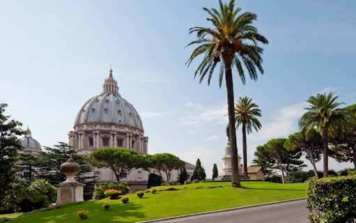 Vatican Gardens with view of St. Peter's Basilica dome, Rome.