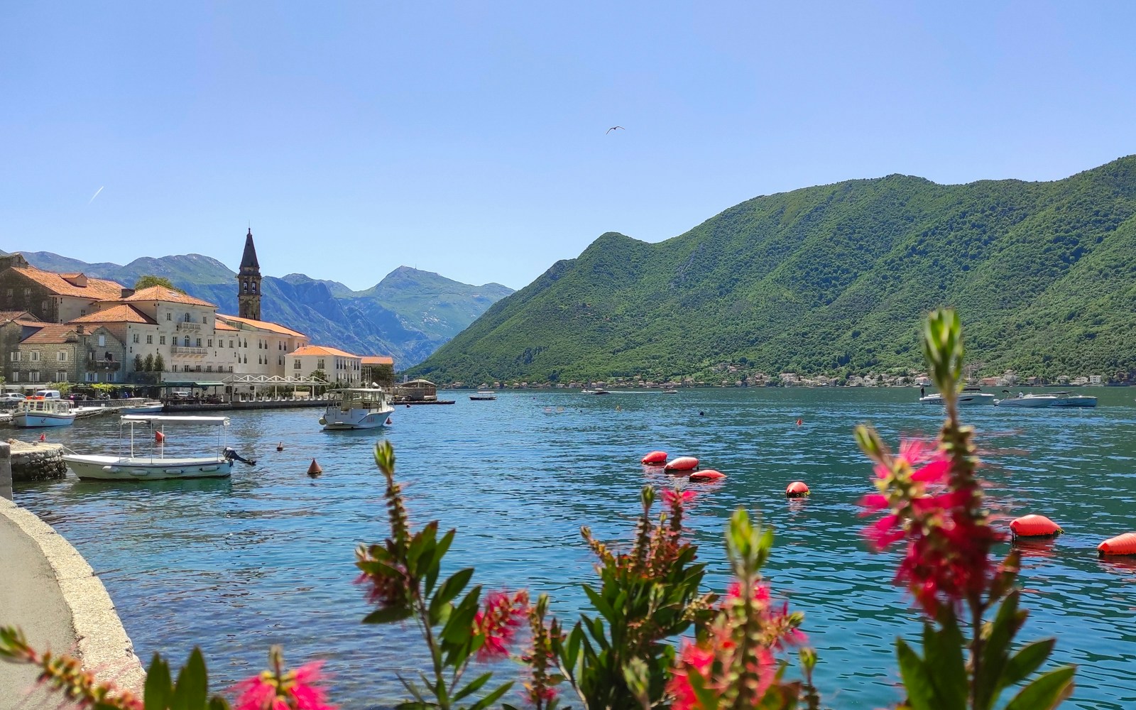 Speedboats on Kotor Bay with view of Our Lady of the Rocks and surrounding mountains.