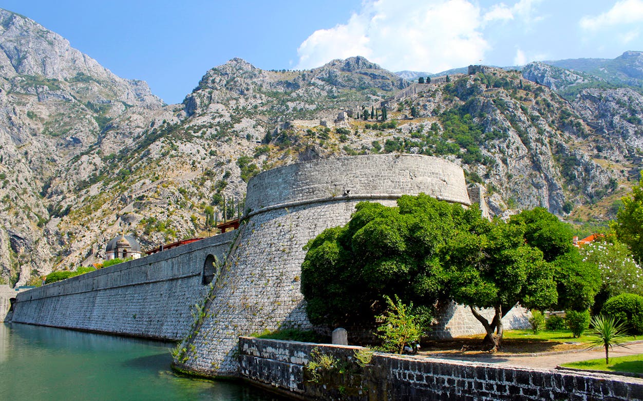 Dubrovnik city walls overlooking the Adriatic Sea in Ancient Montenegro.