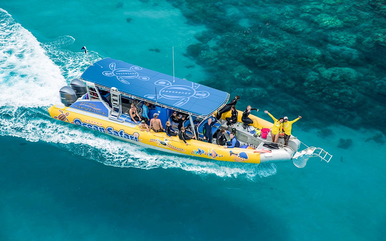 Tourists on a boat enjoying an Ocean Safari Tour over clear blue waters.