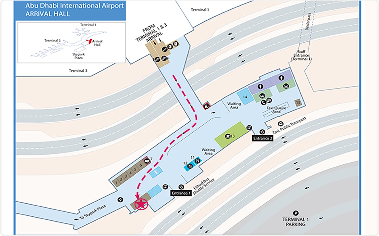 Abu Dhabi Airport arrival hall map showing SIM card pick-up location.