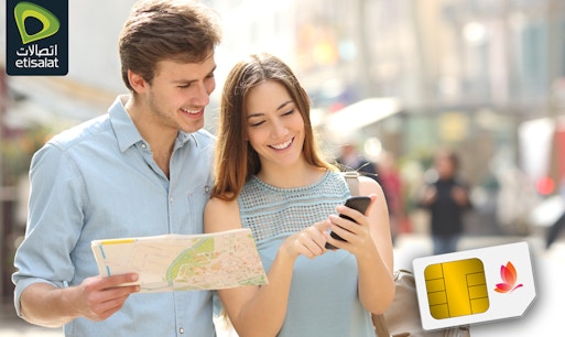 Etisalat SIM card pick-up counter at Abu Dhabi Airport for UAE 5G/4G tourist connectivity.