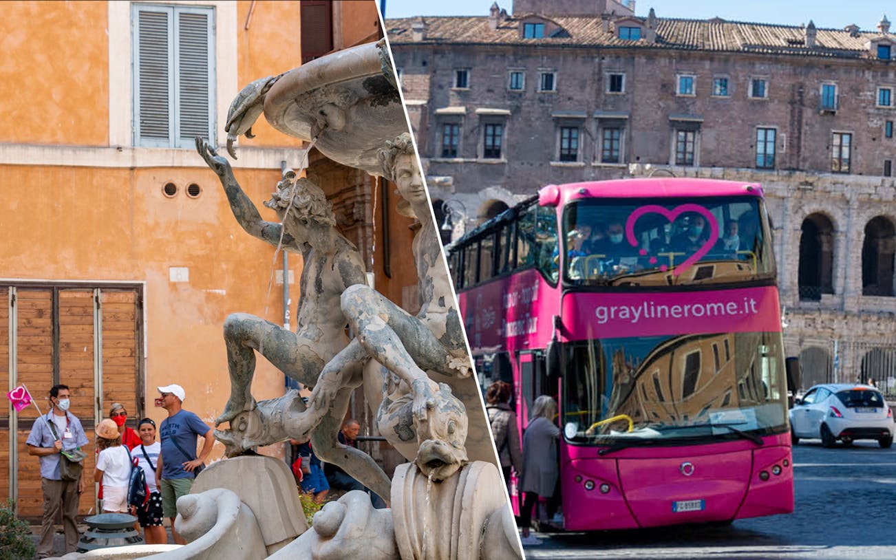 Hop On Hop Off bus near Rome's Jewish Ghetto and a historic fountain with tourists.