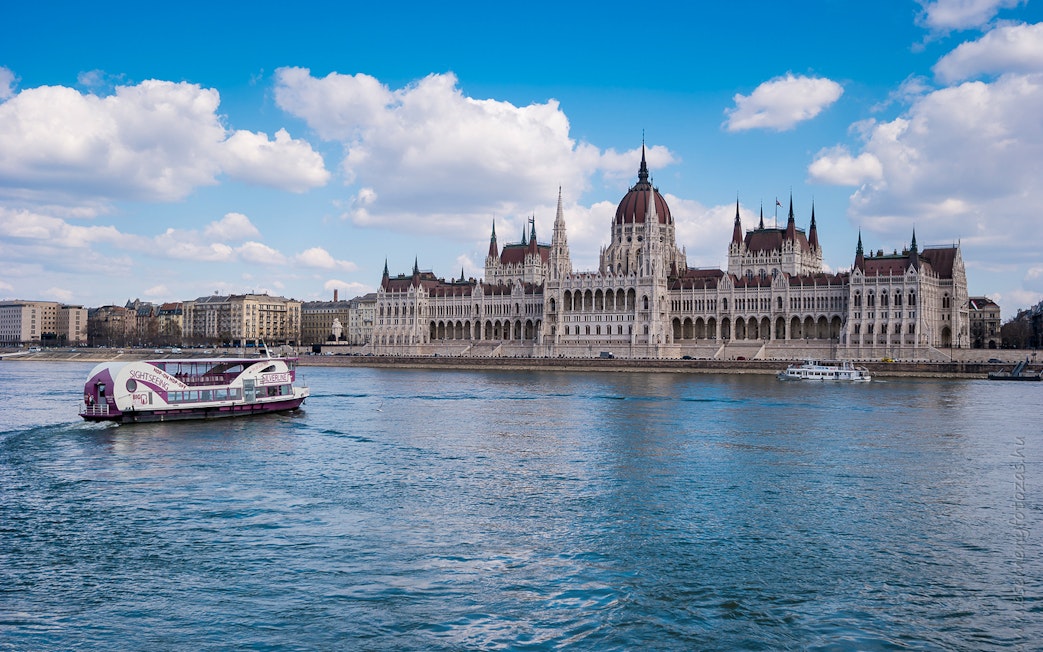 Budapest Parliament view from party boat cruise on the Danube River.