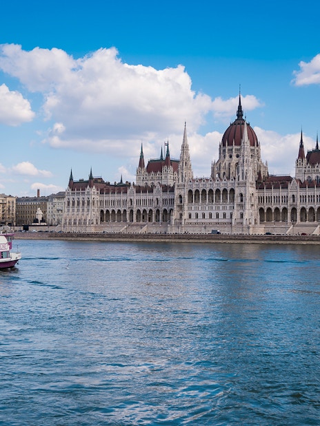 Budapest Parliament view from party boat cruise on the Danube River.