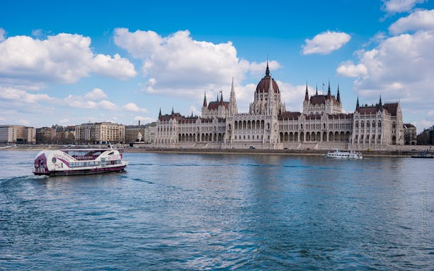 Budapest Parliament view from party boat cruise on the Danube River.