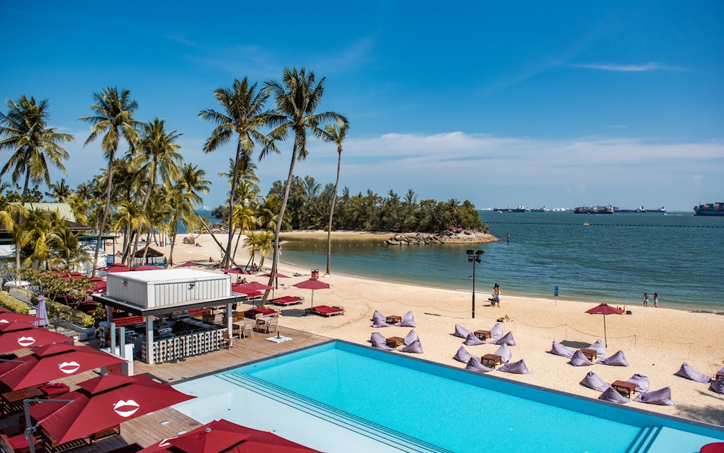 Sentosa beachside dining area with pool, palm trees, and ocean view.