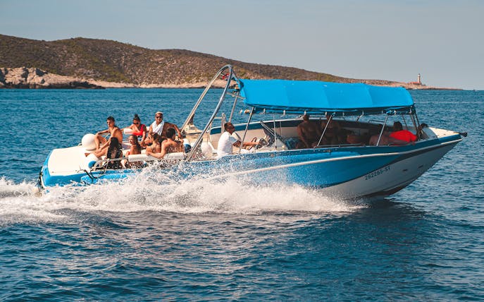 Small group on a speedboat tour near Hvar, heading to Blue Cave from Split.