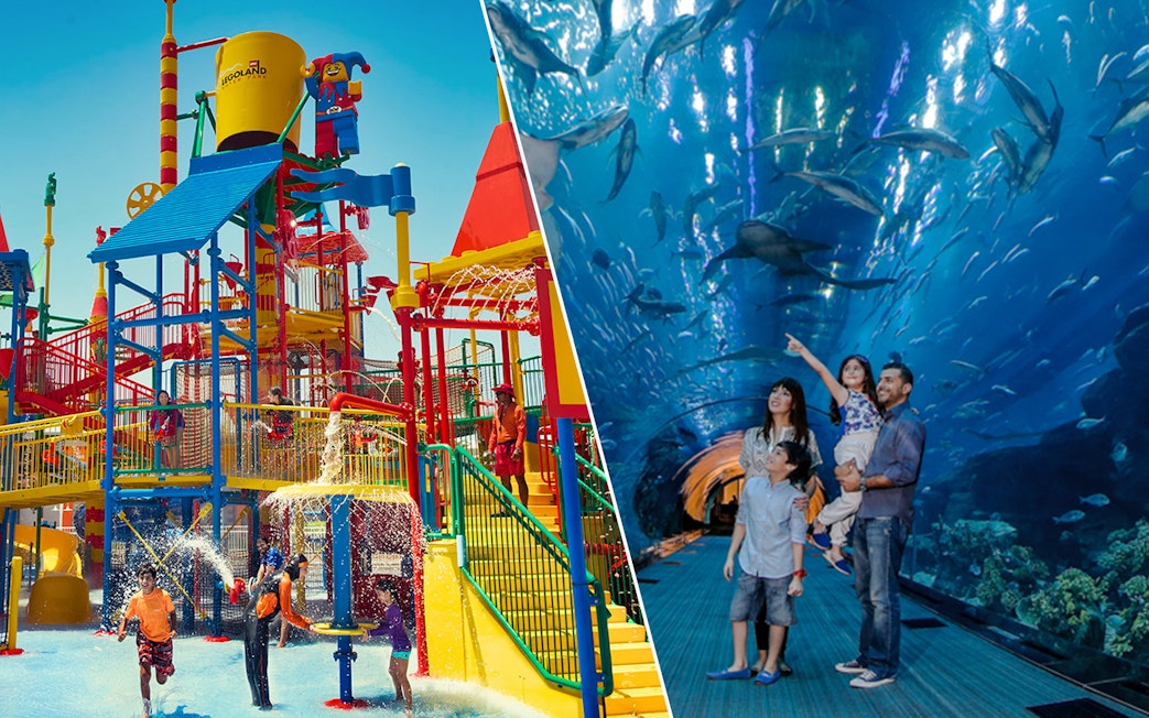 Legoland Water Park play area and family at Dubai Aquarium tunnel.