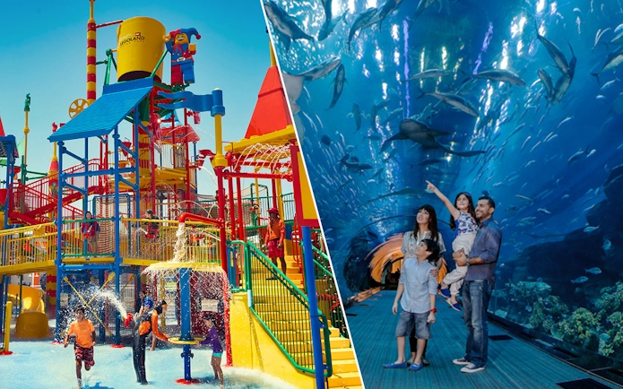 Legoland Water Park play area and family at Dubai Aquarium tunnel.