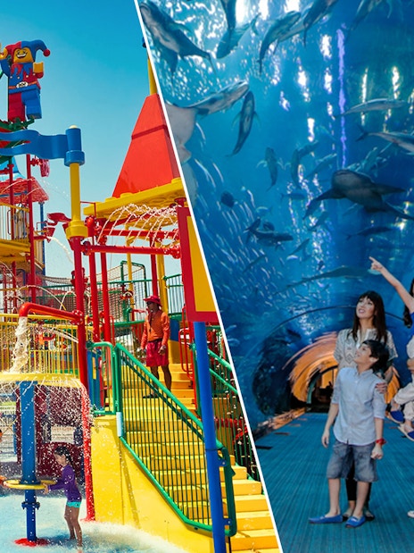 Legoland Water Park play area and family at Dubai Aquarium tunnel.