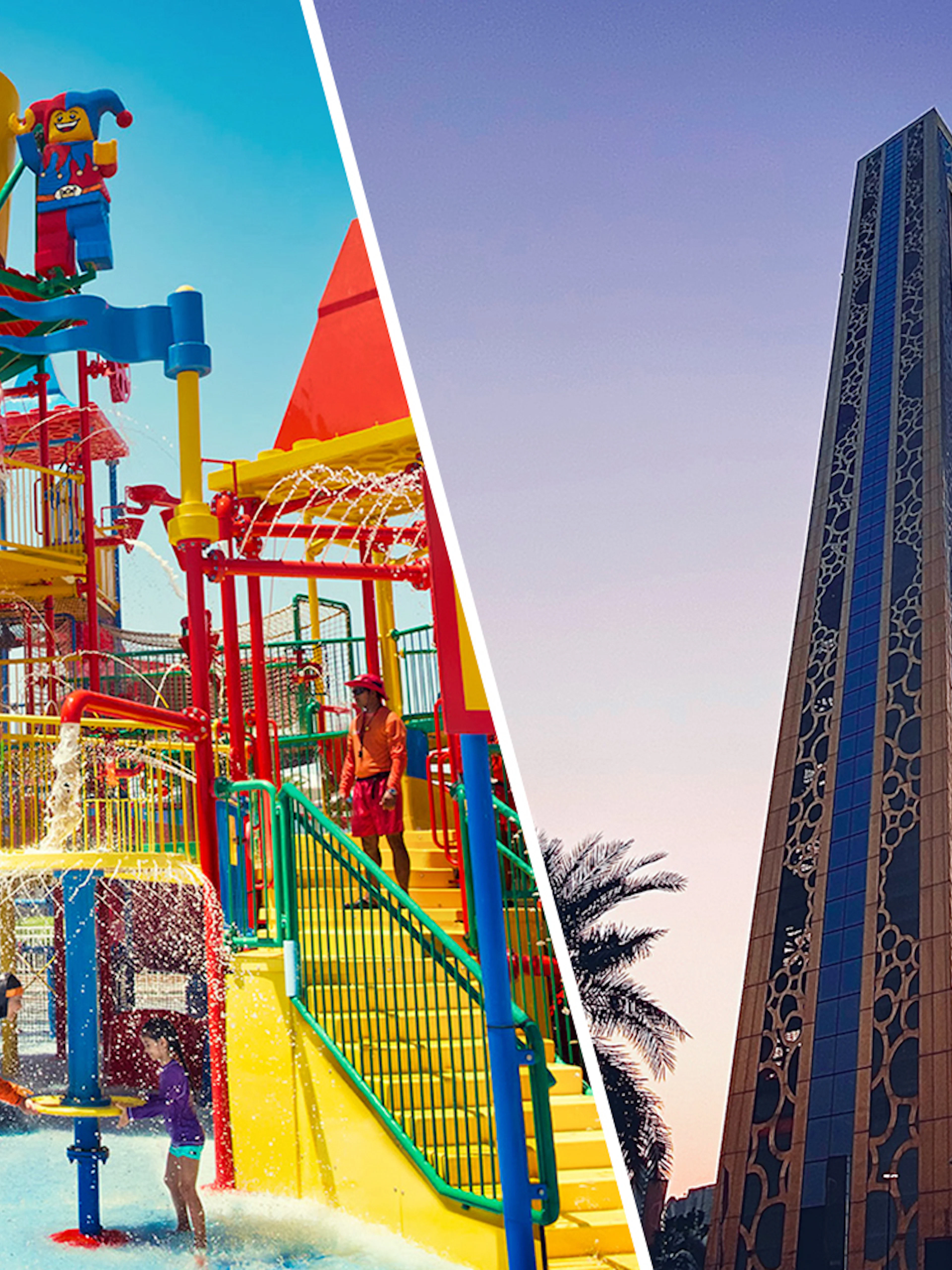 LEGOLAND Water Park play area and Dubai Frame at sunset.