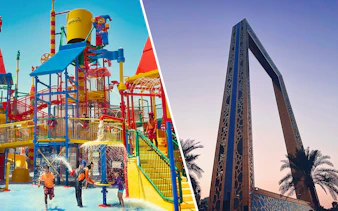 LEGOLAND Water Park play area and Dubai Frame at sunset.