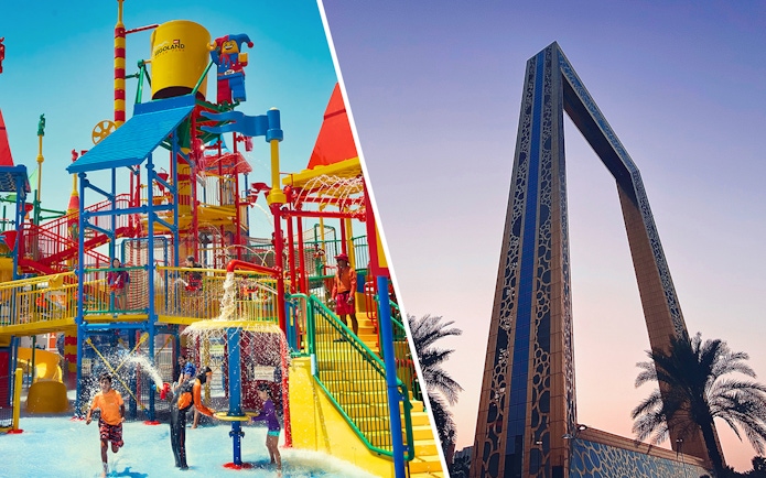 LEGOLAND Water Park play area and Dubai Frame at sunset.