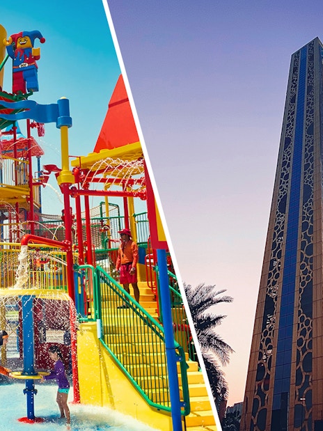 LEGOLAND Water Park play area and Dubai Frame at sunset.