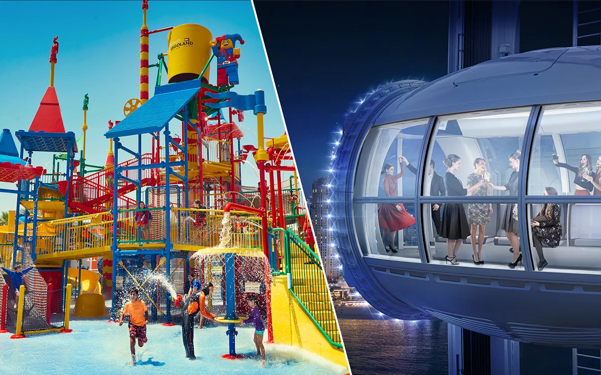 LEGOLAND Dubai water park and Ain Dubai observation wheel capsule.