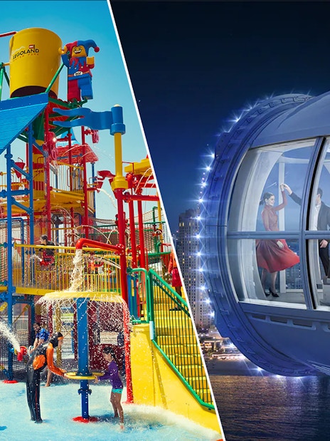 LEGOLAND Dubai water park and Ain Dubai observation wheel capsule.