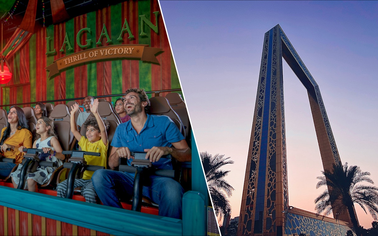 Visitors enjoying a ride at Bollywood Parks Dubai and view of the Dubai Frame at sunset.