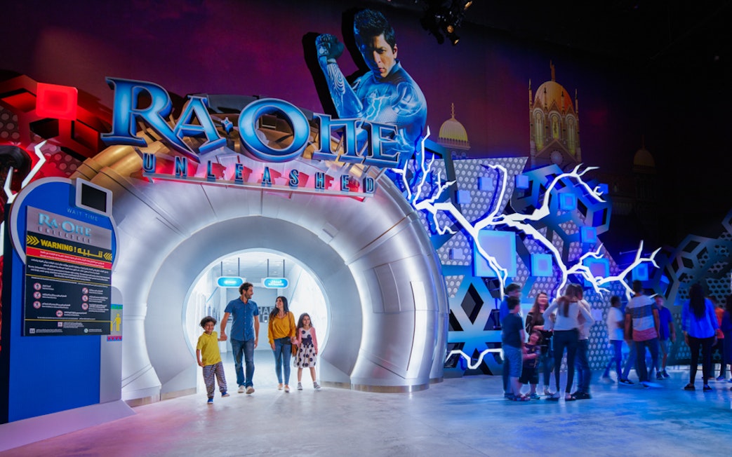 Visitors entering Ra.One Unleashed attraction at Bollywood Parks Dubai.
