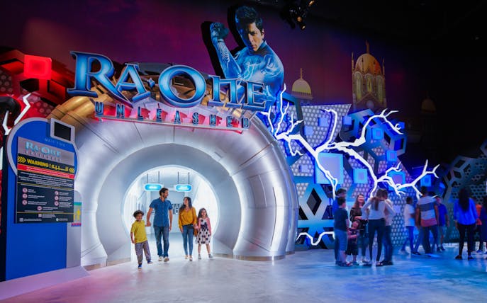 Visitors entering Ra.One Unleashed attraction at Bollywood Parks Dubai.