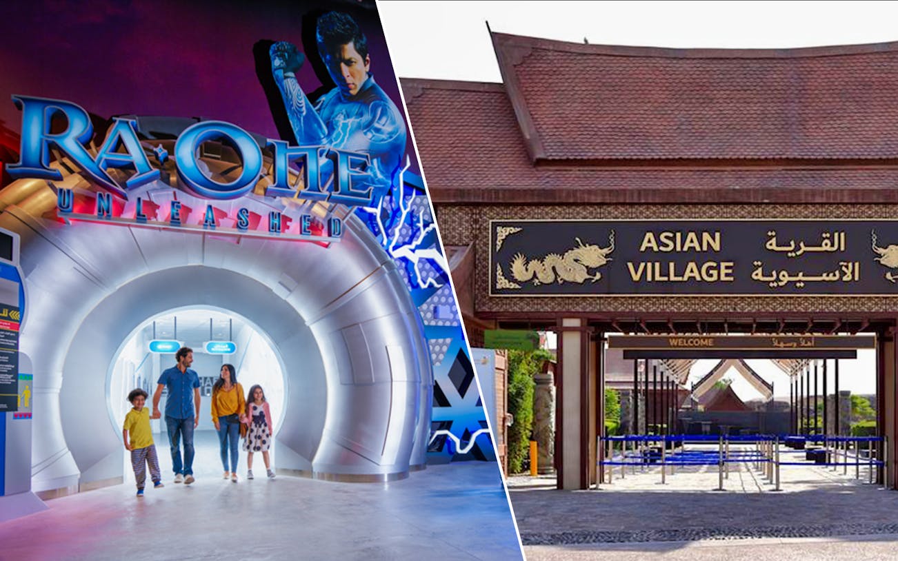 Bollywood Parks Ra.One attraction and Dubai Safari Park Asian Village entrance.