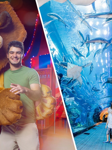 MOTIONGATE™ Dubai character with visitor; family exploring Dubai Aquarium tunnel with marine life.