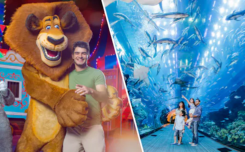 MOTIONGATE™ Dubai character with visitor; family exploring Dubai Aquarium tunnel with marine life.