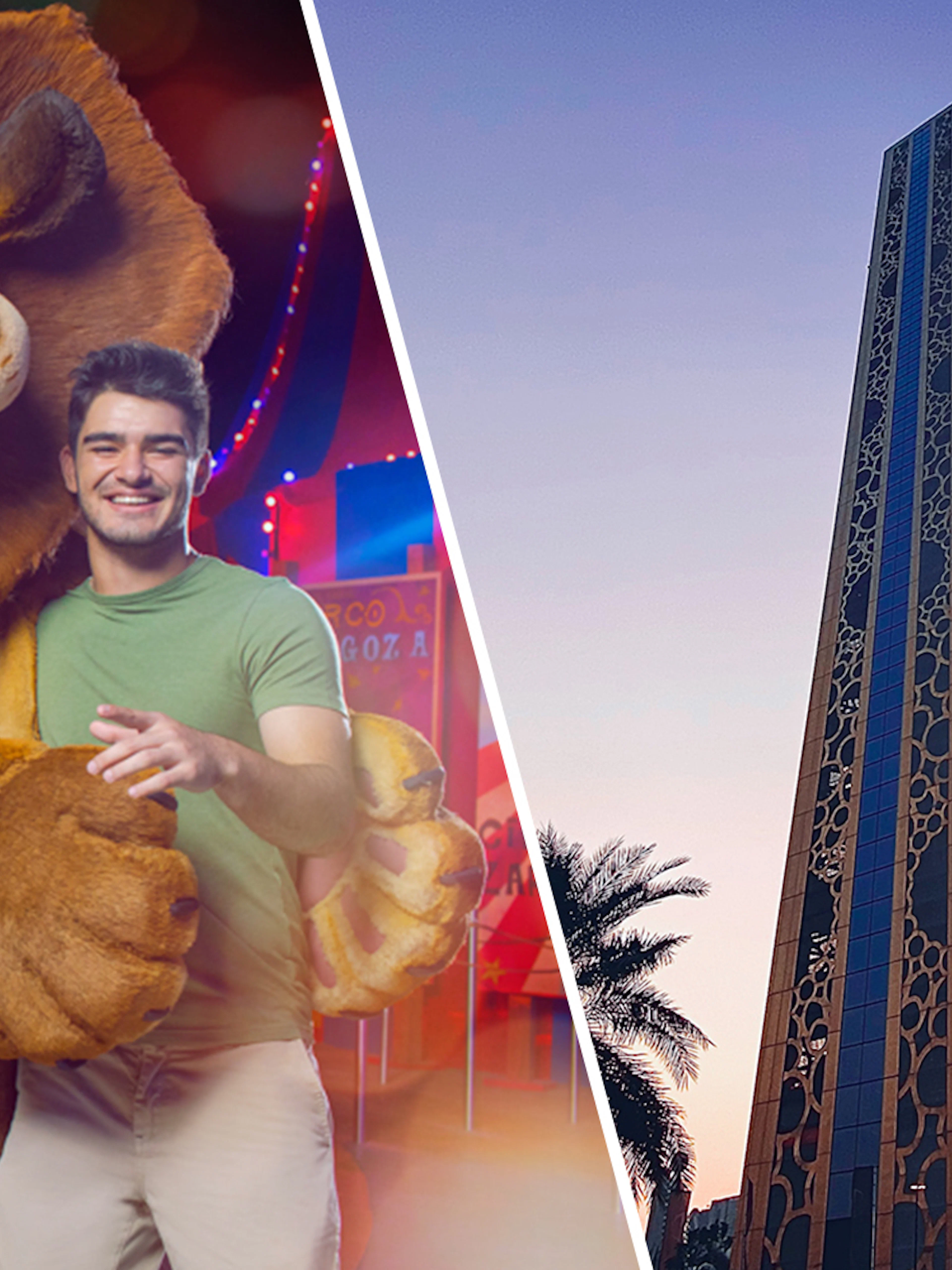 MOTIONGATE™ Dubai character with visitor; Dubai Frame at sunset.