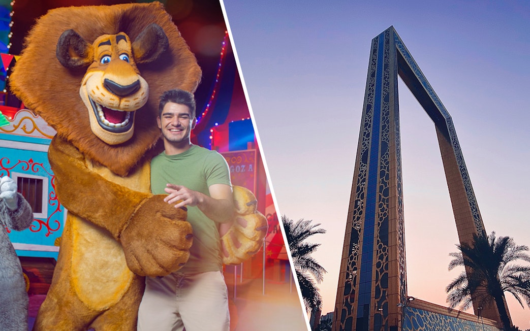 MOTIONGATE™ Dubai character with visitor; Dubai Frame at sunset.