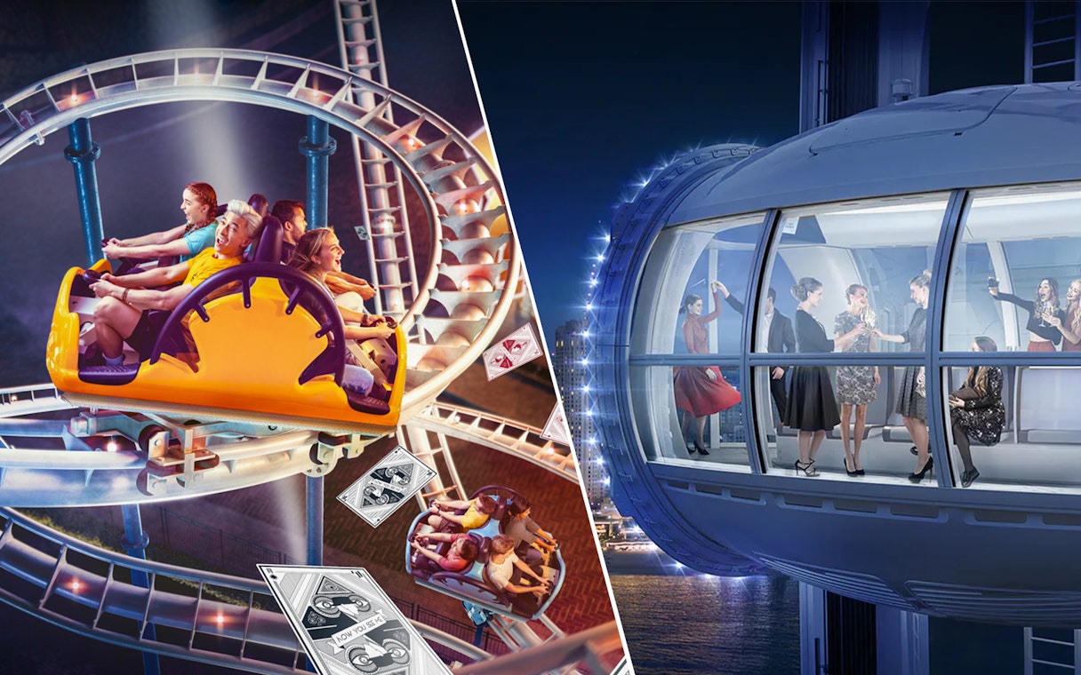 Roller coaster at MOTIONGATE™ Dubai and group inside Ain Dubai observation cabin.