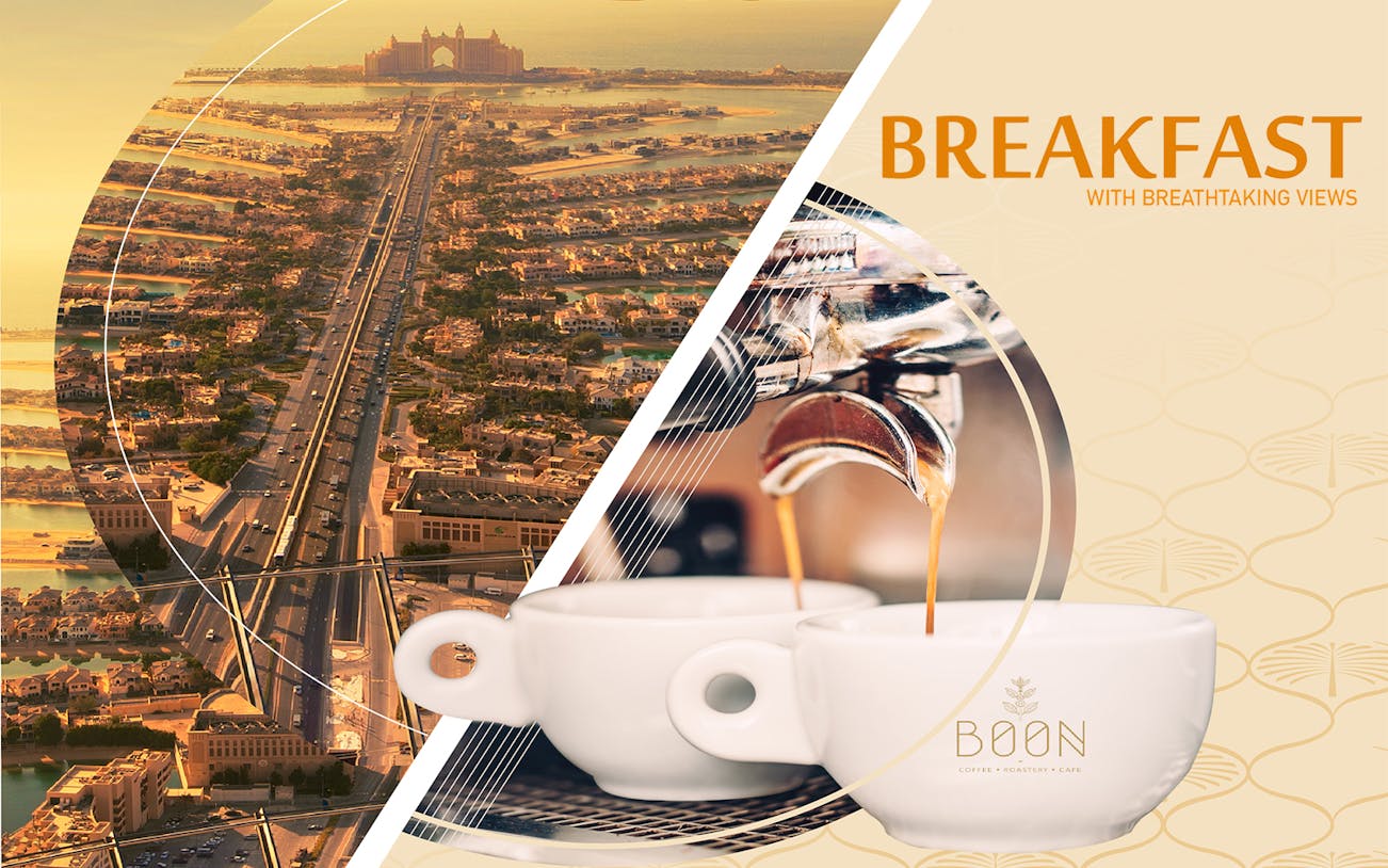 Breakfast with coffee at The View at the Palm, overlooking Dubai's Palm Jumeirah.