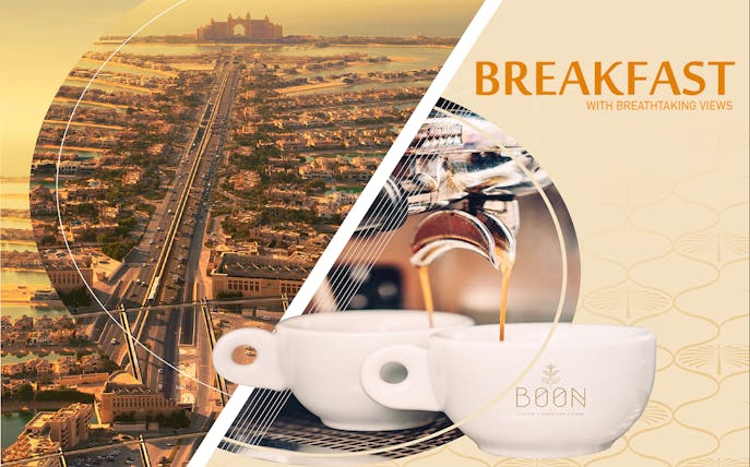 Breakfast with coffee at The View at the Palm, overlooking Dubai's Palm Jumeirah.