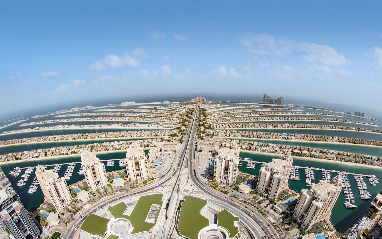 Aerial view of Palm Jumeirah in Dubai from The View at the Palm observation deck.