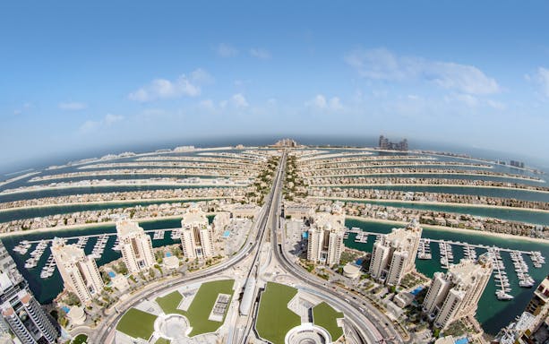 Aerial view of Palm Jumeirah in Dubai from The View at the Palm observation deck.
