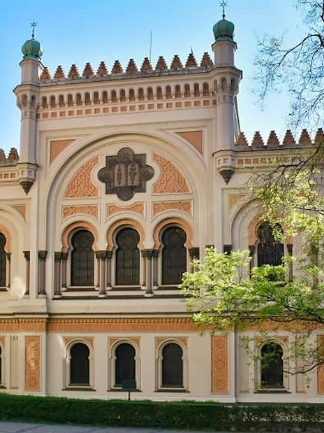 Prague Jewish Town synagogue exterior with ornate architecture.