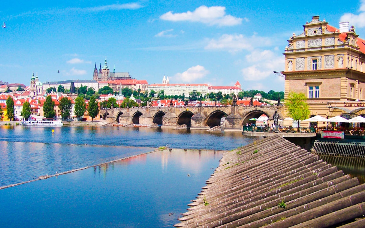 Prague Castle and Charles Bridge over Vltava River, view from Jewish Town.