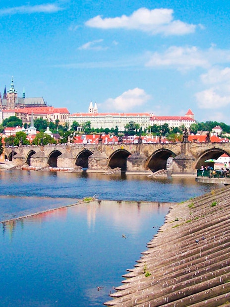 Prague Castle and Charles Bridge over Vltava River, view from Jewish Town.