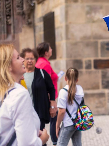 Tourists with guide at Prague Castle entrance, holding tickets and umbrella.