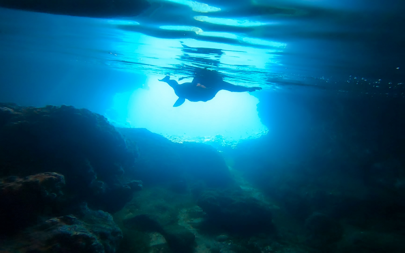 Snorkeler exploring underwater cave in Nea Makri, Athens.